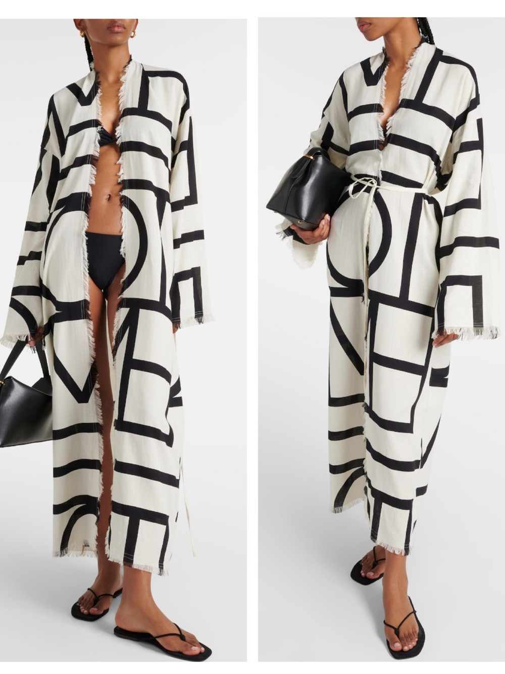 Toteme Monogram Cotton Organic Wrap Dress in Ecru Black